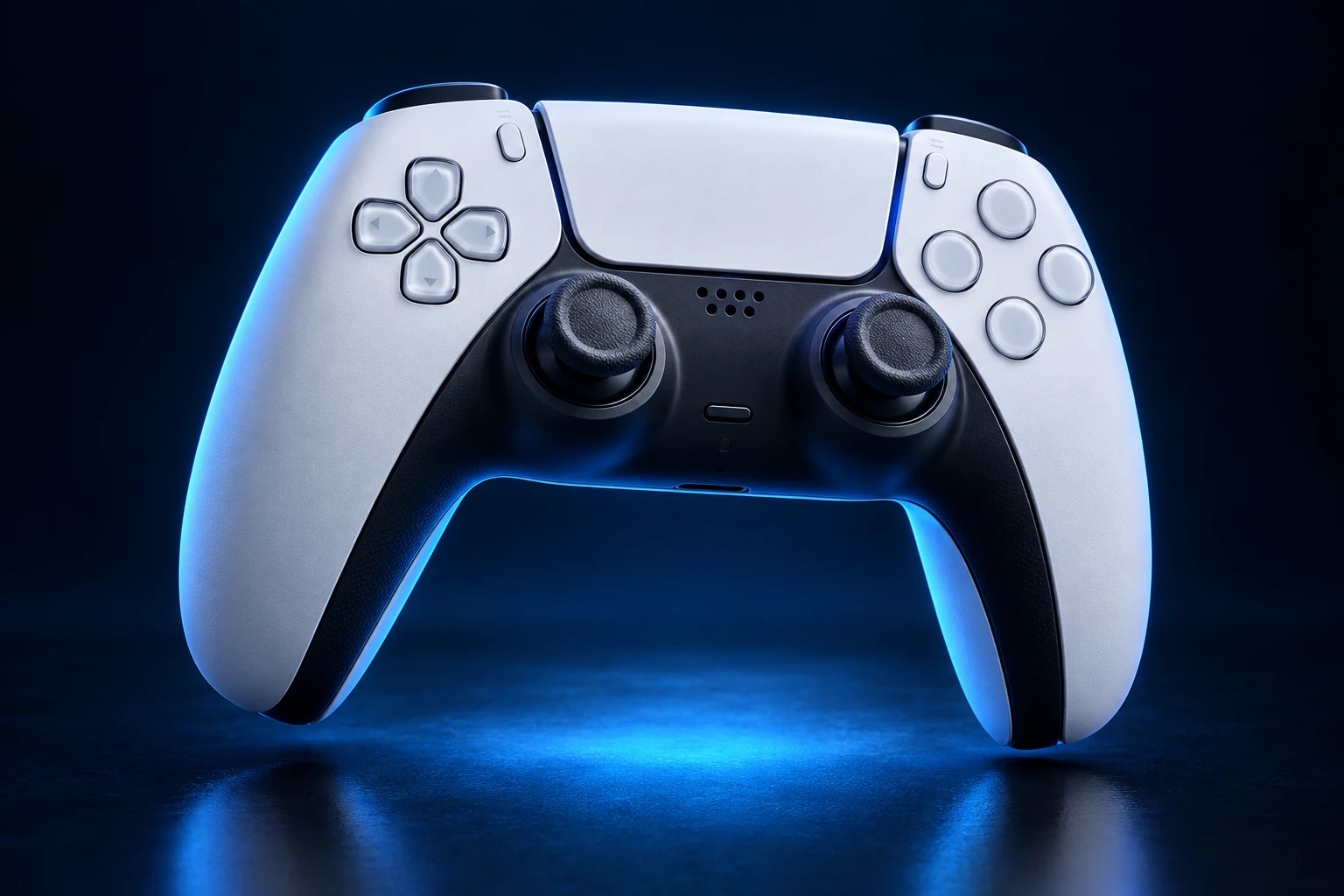 Witte gamecontroller met twee analoge sticks, verlicht met blauw licht